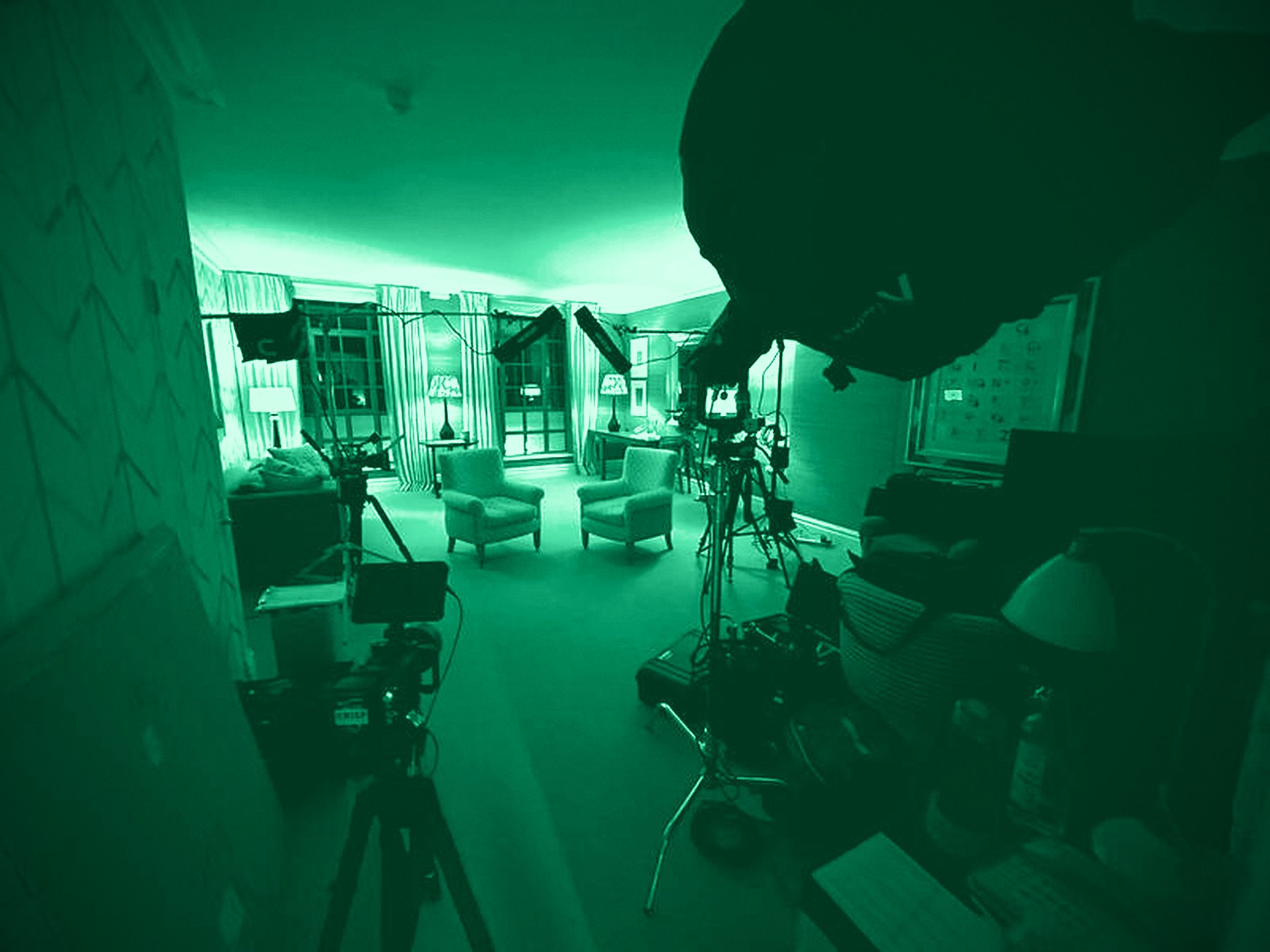 Exclusive current affairs interview, private-location set with multi-camera rig between takes